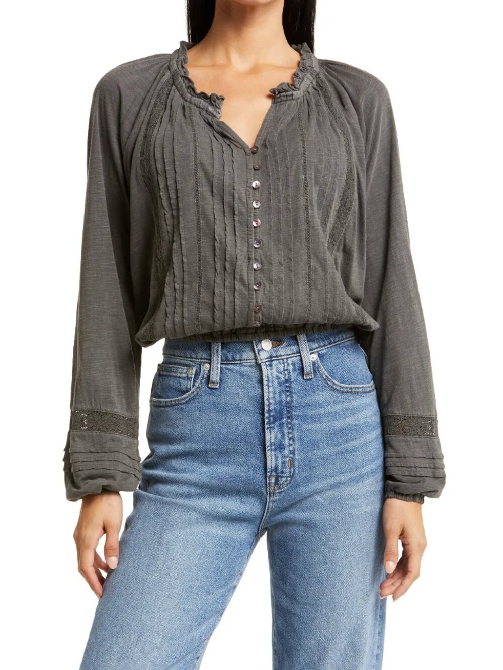 Lucky Brand Gray Ruffled Button-Down Blouse, Size S